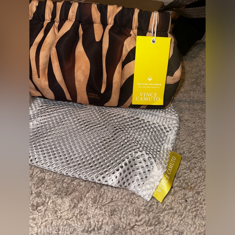 NWT Vince Camuto Harlo Nylon Harlo Brown Zebra Print Zip Top Clutch